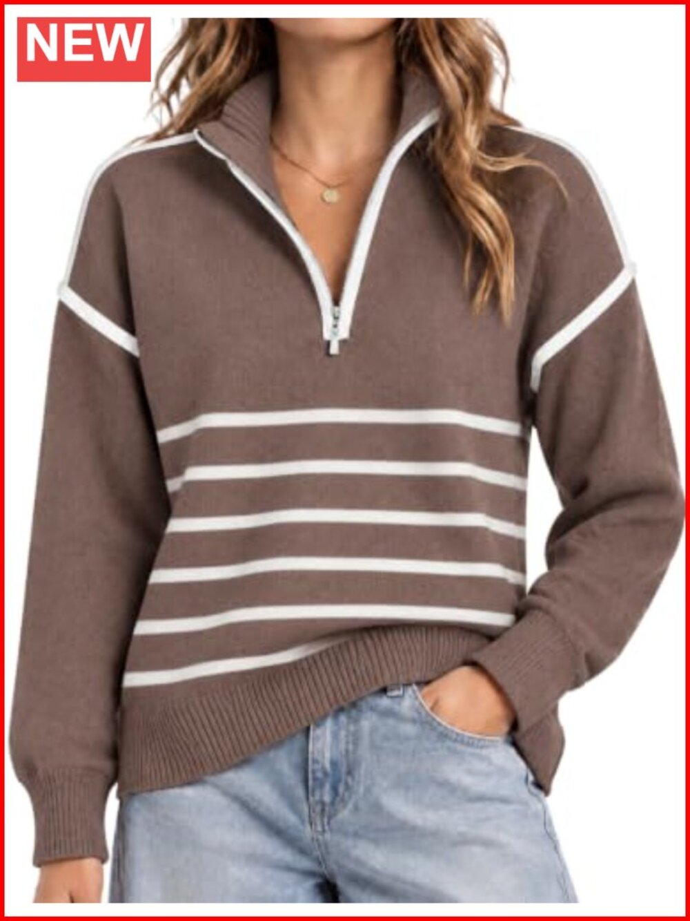 Quarter Zip Pullover Sweater Women Long Sleeve Collared Knit Top